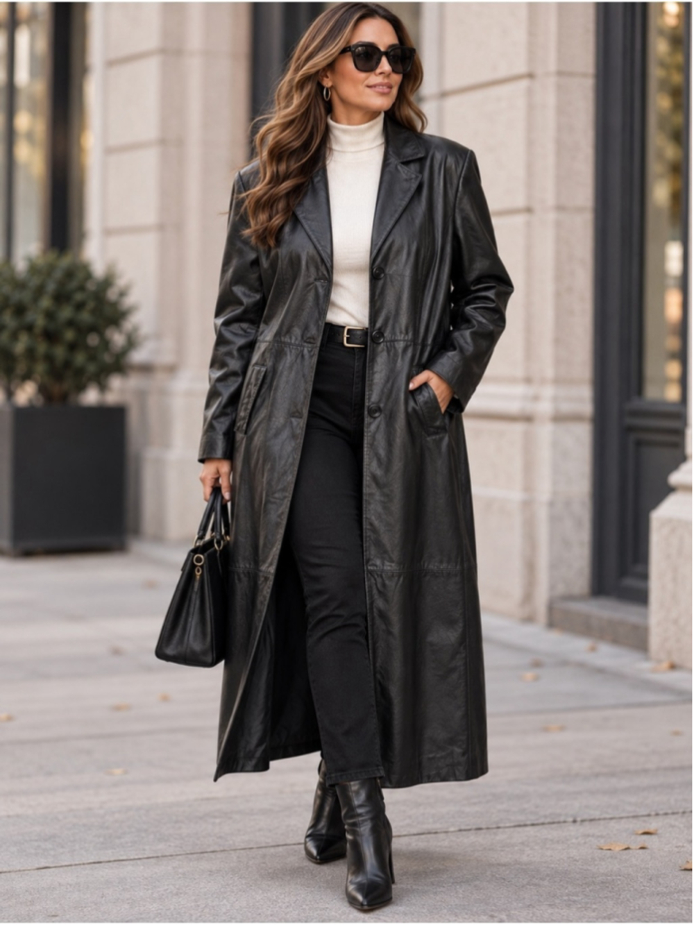 Vintage Newport News Black Genuine Leather Long Trench Coat Jacket 1X